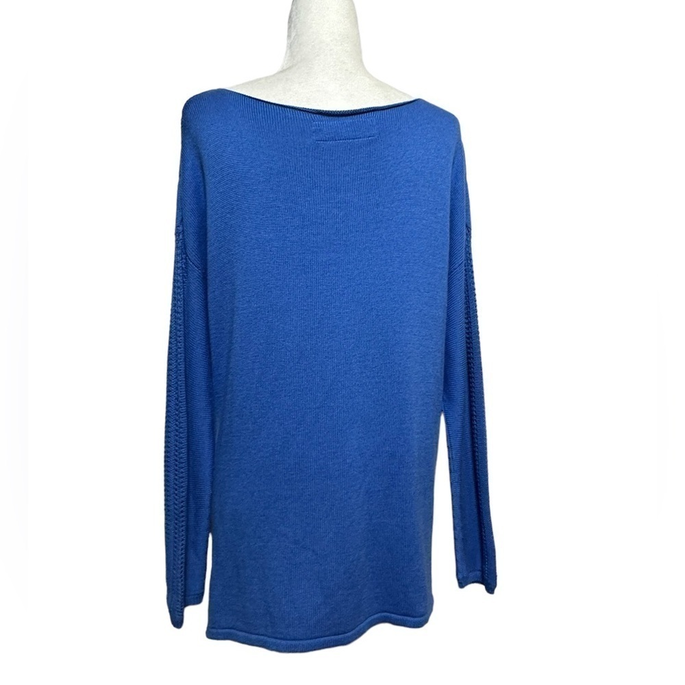 Lafayette 148 New York Blue Wide Boat Neck Crochet Mesh Knit Pullover‎ Sweater L - Picture 3 of 8